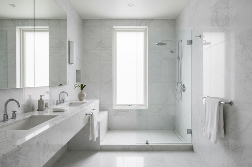 Spotless Solutions — Kitchen and Bathroom Detailing — gleaming luxury marble bathroom with spotless chrome fixtures after professional detailing