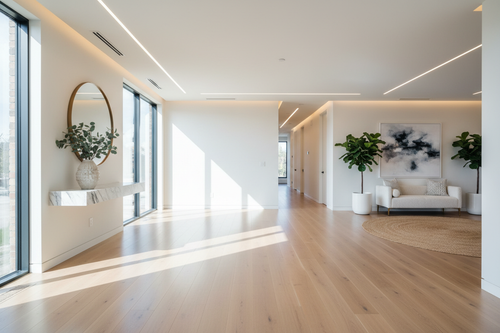 Spotless Solutions — Move-In Move-Out Cleaning — pristine luxury home entryway with gleaming hardwood floors ready for new owners