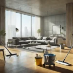 DALL·E 2025-01-13 14.22.57 - A highly realistic image of a post-construction cleaning scene in a modern, newly renovated room. The room features minimal furniture, clean hardwood