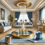 DALL·E 2025-01-13 14.27.05 - A highly realistic and luxurious residential cleaning scene in a modern home with blue and gold accents. The setting features a clean, bright living r