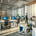 DALL·E 2025-01-13 14.27.50 - A highly realistic and professional image showcasing a commercial cleaning scene in a modern office space. The setting includes clean, polished floors